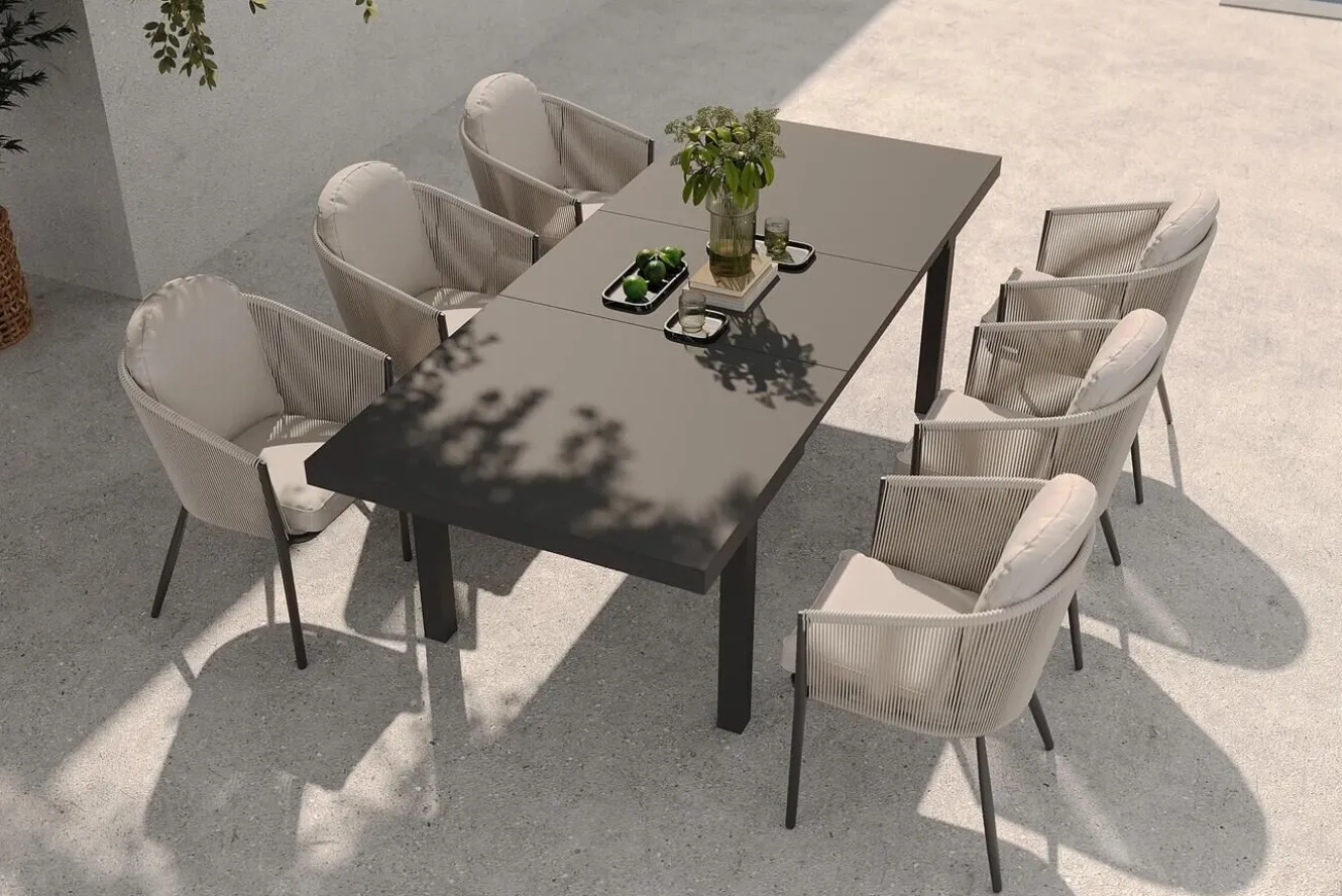 OUTFLEXX Tavio Garten-Essgruppe, anthrazit matt/beige, Alu/Rope-Geflecht, Tisch 180/240 x 100 cm, 6 Diningsessel