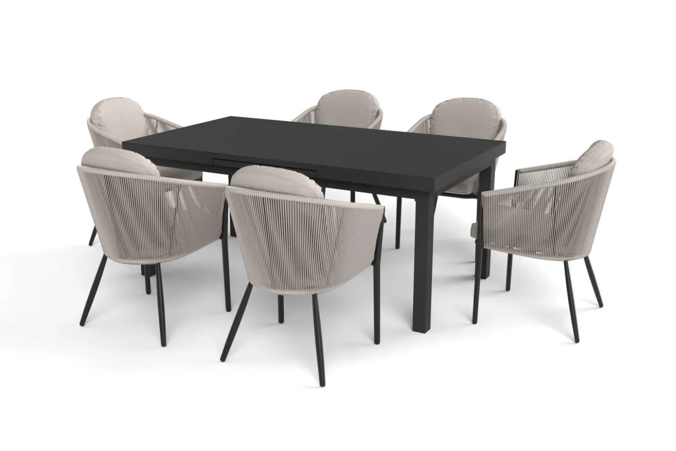 OUTFLEXX Tavio Garten-Essgruppe, anthrazit matt/beige, Alu/Rope-Geflecht, Tisch 180/240 x 100 cm, 6 Diningsessel