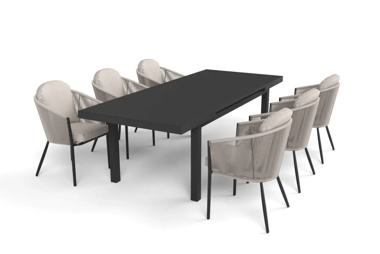 OUTFLEXX Tavio Garten-Essgruppe, anthrazit matt/beige, Alu/Rope-Geflecht, Tisch 180/240 x 100 cm, 6 Diningsessel