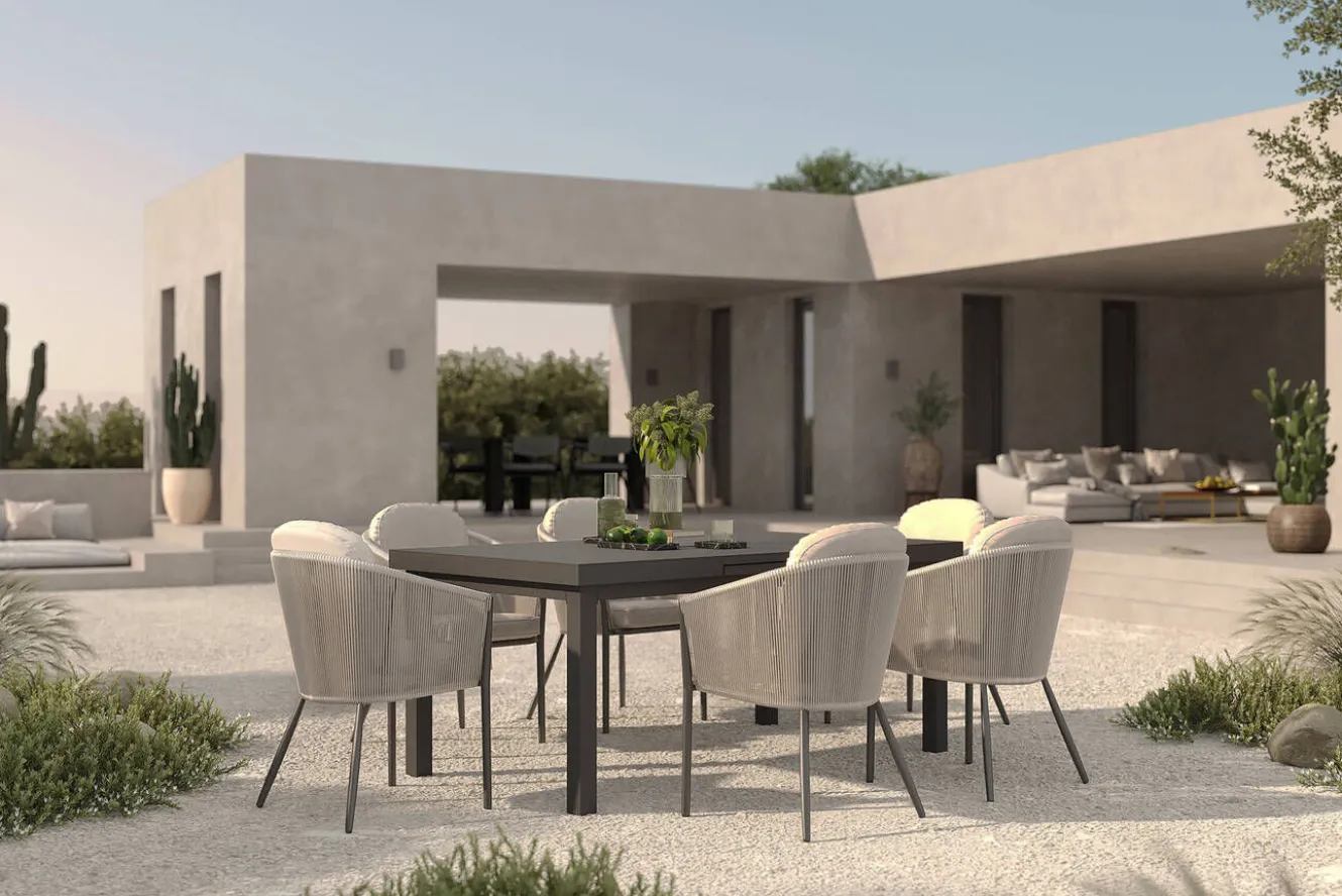OUTFLEXX Tavio Garten-Essgruppe, anthrazit matt/beige, Alu/Rope-Geflecht, Tisch 180/240 x 100 cm, 6 Diningsessel