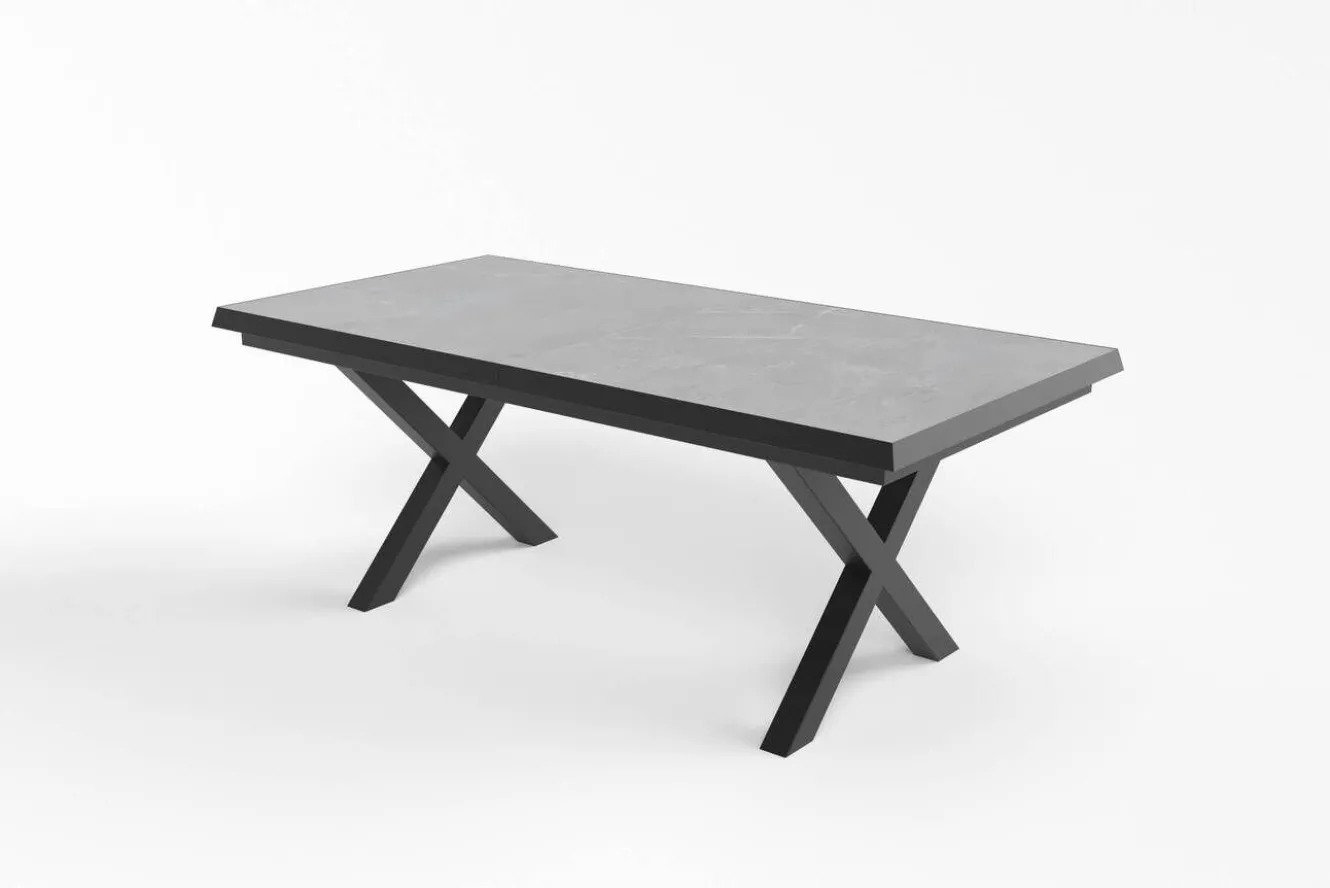OUTFLEXX Tavio Garten-Essgruppe, schwarz/grün, Alu/Steinimitat/Rope-Geflecht, Tisch 200/260 x 100 cm, ausziehbar, 6 Diningsessel