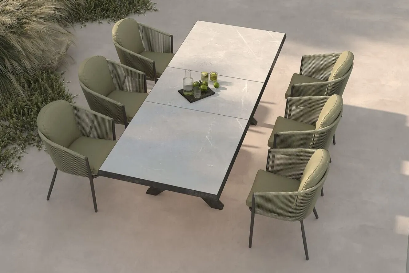 OUTFLEXX Tavio Garten-Essgruppe, schwarz/grün, Alu/Steinimitat/Rope-Geflecht, Tisch 200/260 x 100 cm, ausziehbar, 6 Diningsessel