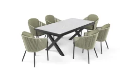 OUTFLEXX Tavio Garten-Essgruppe, schwarz/grün, Alu/Steinimitat/Rope-Geflecht, Tisch 200/260 x 100 cm, ausziehbar, 6 Diningsessel