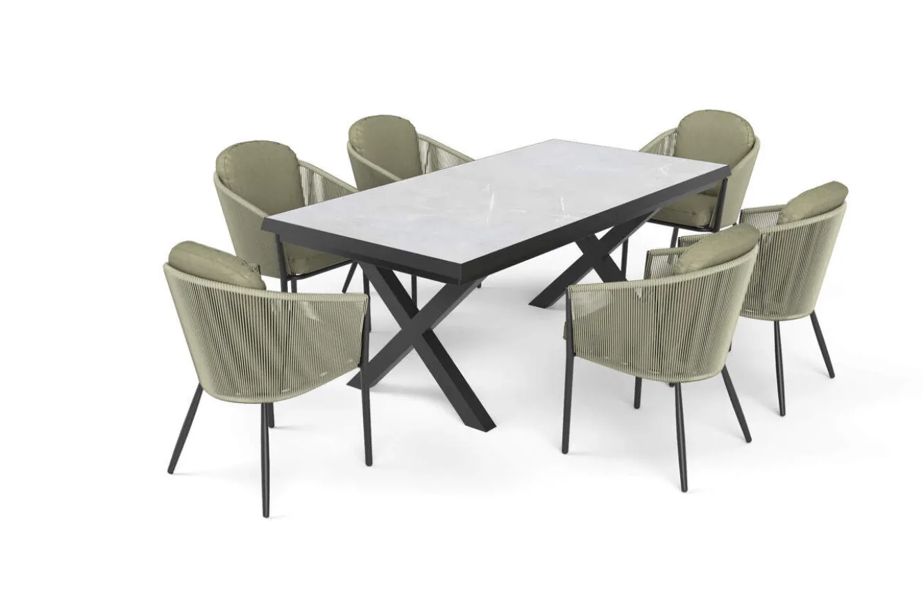 OUTFLEXX Tavio Garten-Essgruppe, schwarz/grün, Alu/Steinimitat/Rope-Geflecht, Tisch 200/260 x 100 cm, ausziehbar, 6 Diningsessel
