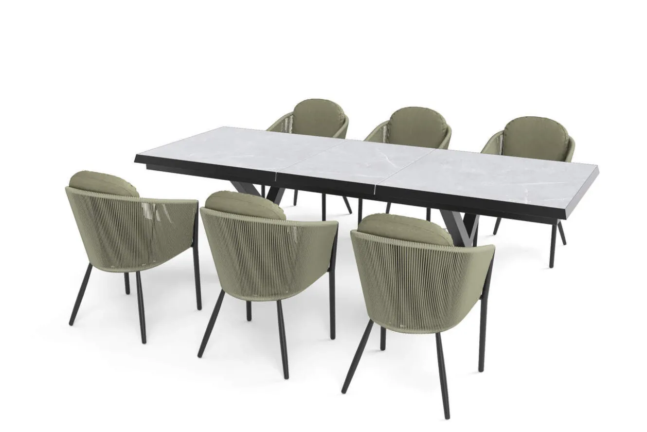 OUTFLEXX Tavio Garten-Essgruppe, schwarz/grün, Alu/Steinimitat/Rope-Geflecht, Tisch 200/260 x 100 cm, ausziehbar, 6 Diningsessel