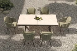 OUTFLEXX Tavio Garten-Essgruppe, schwarz/grün, Alu/Steinimitat/Rope-Geflecht, Tisch 200/260 x 100 cm, ausziehbar, 6 Diningsessel