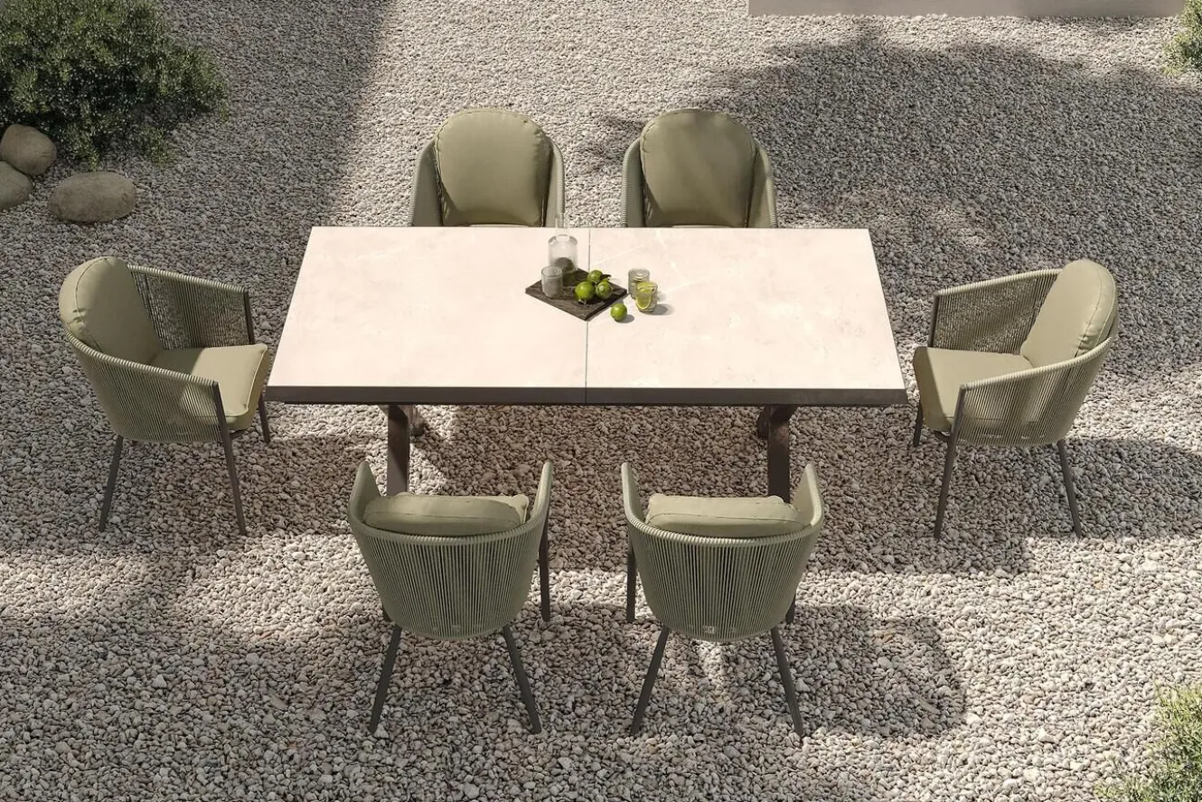 OUTFLEXX Tavio Garten-Essgruppe, schwarz/grün, Alu/Steinimitat/Rope-Geflecht, Tisch 200/260 x 100 cm, ausziehbar, 6 Diningsessel