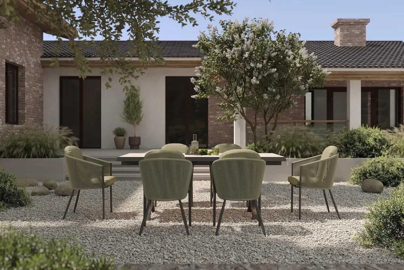OUTFLEXX Tavio Garten-Essgruppe, schwarz/grün, Alu/Steinimitat/Rope-Geflecht, Tisch 200/260 x 100 cm, ausziehbar, 6 Diningsessel
