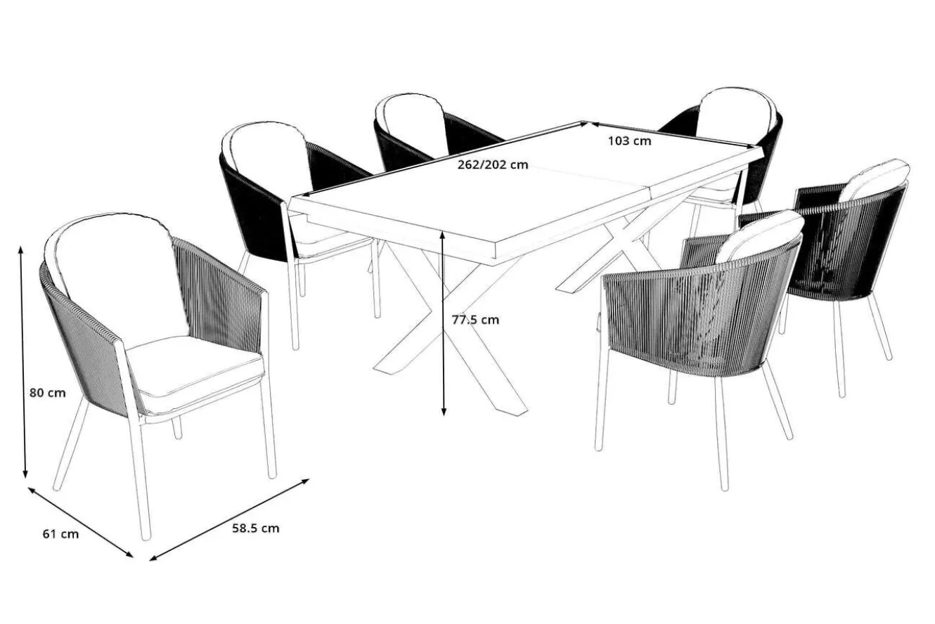 OUTFLEXX Tavio Garten-Essgruppe, schwarz/grün, Alu/Steinimitat/Rope-Geflecht, Tisch 200/260 x 100 cm, ausziehbar, 6 Diningsessel