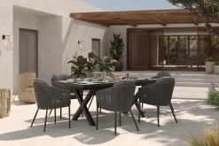 OUTFLEXX Tavio Garten-Essgruppe, schwarz/dunkelgrau, Alu/Rope/Steinimitat, 200/260 x 103 cm, ausziehbar, 6 Diningsessel