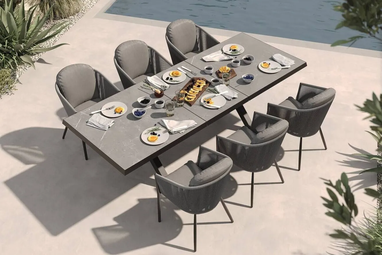 OUTFLEXX Tavio Garten-Essgruppe, schwarz/dunkelgrau, Alu/Rope/Steinimitat, 200/260 x 103 cm, ausziehbar, 6 Diningsessel