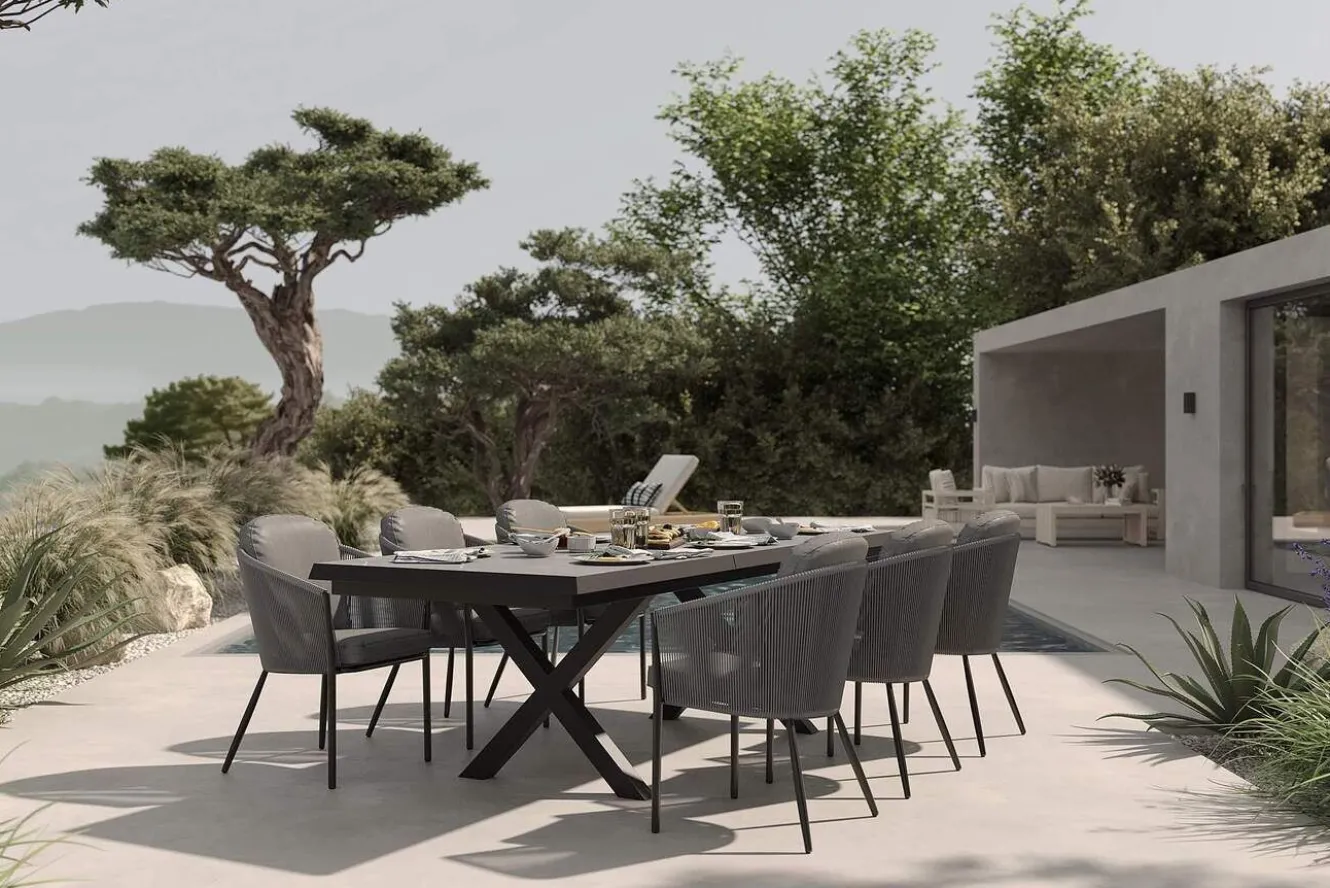 OUTFLEXX Tavio Garten-Essgruppe, schwarz/dunkelgrau, Alu/Rope/Steinimitat, 200/260 x 103 cm, ausziehbar, 6 Diningsessel