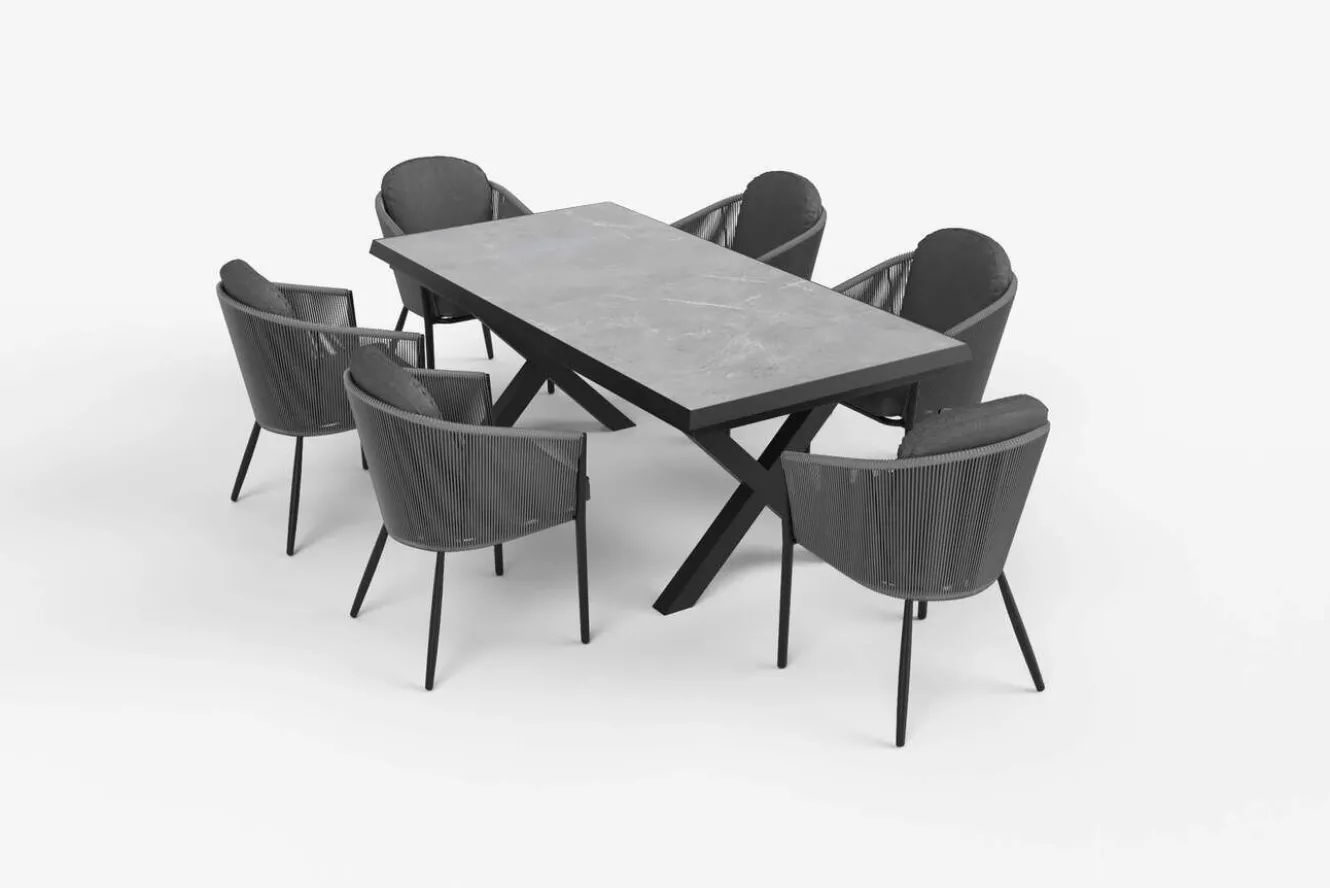 OUTFLEXX Tavio Garten-Essgruppe, schwarz/dunkelgrau, Alu/Rope/Steinimitat, 200/260 x 103 cm, ausziehbar, 6 Diningsessel