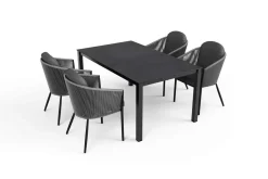 OUTFLEXX Tavio Garten-Essgruppe, anthrazit matt/dunkelgrau, Alu/Rope-Geflecht/Spraystone, 160 x 95 cm, 4 Diningsessel
