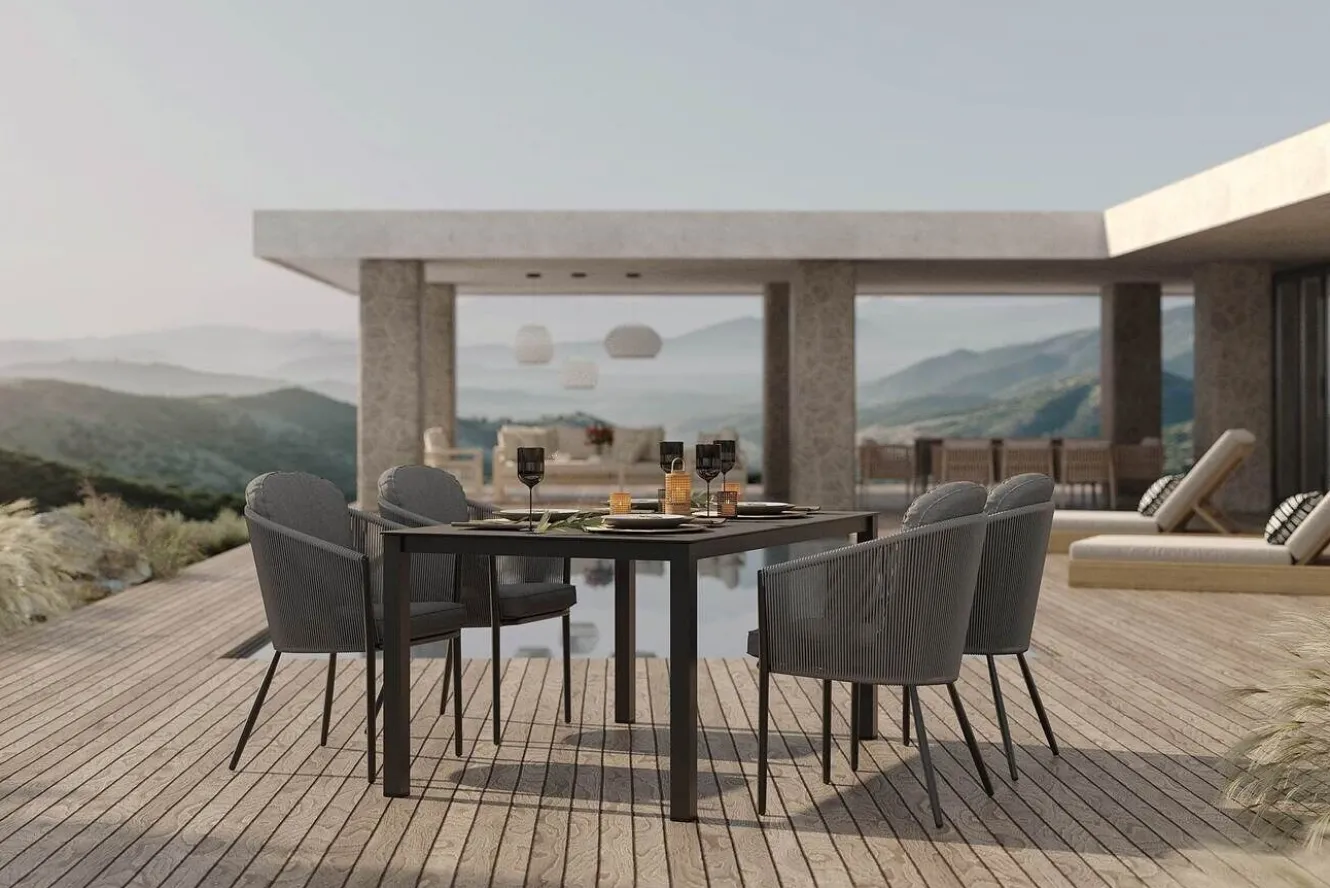 OUTFLEXX Tavio Garten-Essgruppe, anthrazit matt/dunkelgrau, Alu/Rope-Geflecht/Spraystone, 160 x 95 cm, 4 Diningsessel