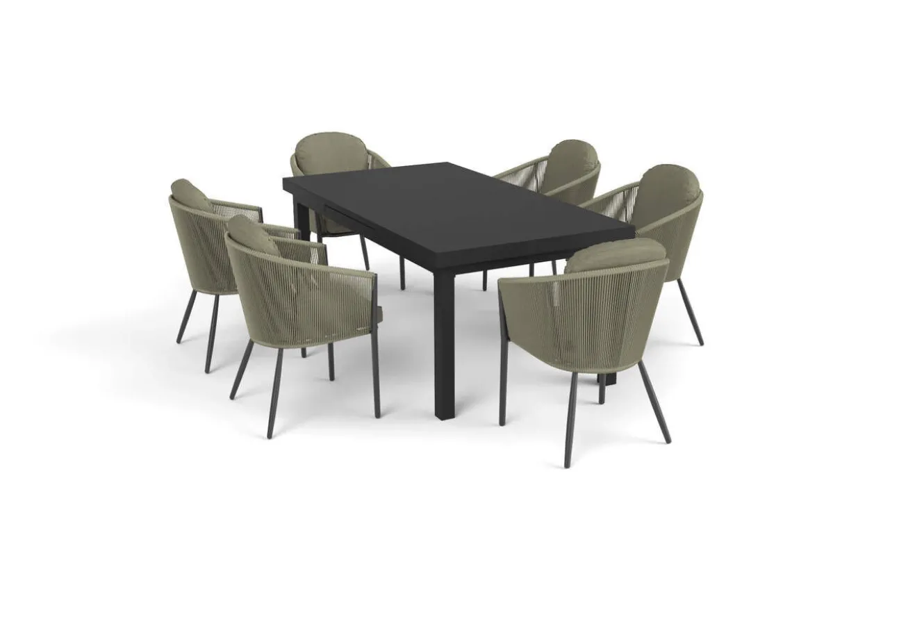 OUTFLEXX Tavio Garten-Essgruppe, anthrazit matt/grün, Alu/Rope-Geflecht, ausziehbare Tischplatte 180/240 x 100 cm, 6 Diningsessel
