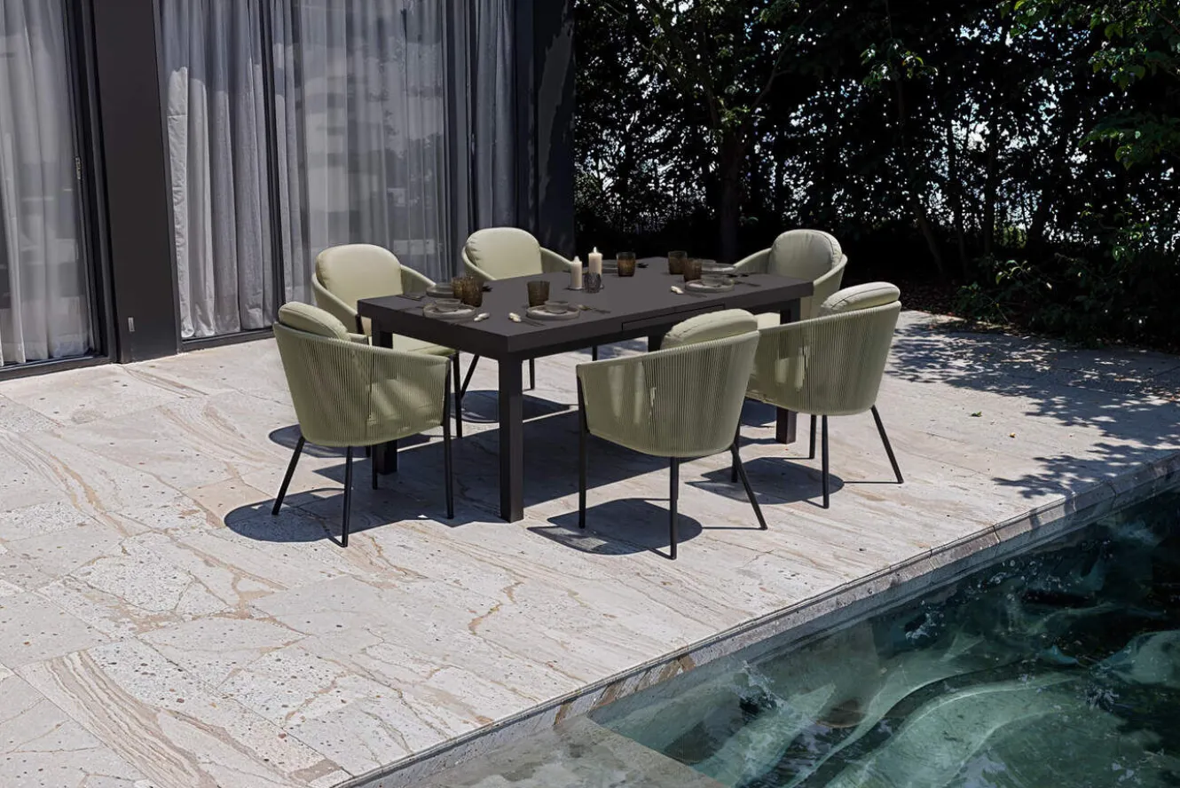 OUTFLEXX Tavio Garten-Essgruppe, anthrazit matt/grün, Alu/Rope-Geflecht, ausziehbare Tischplatte 180/240 x 100 cm, 6 Diningsessel