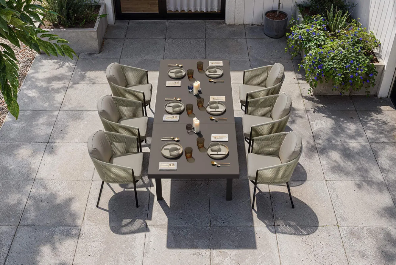 OUTFLEXX Tavio Garten-Essgruppe, anthrazit matt/grün, Alu/Rope-Geflecht, ausziehbare Tischplatte 180/240 x 100 cm, 6 Diningsessel