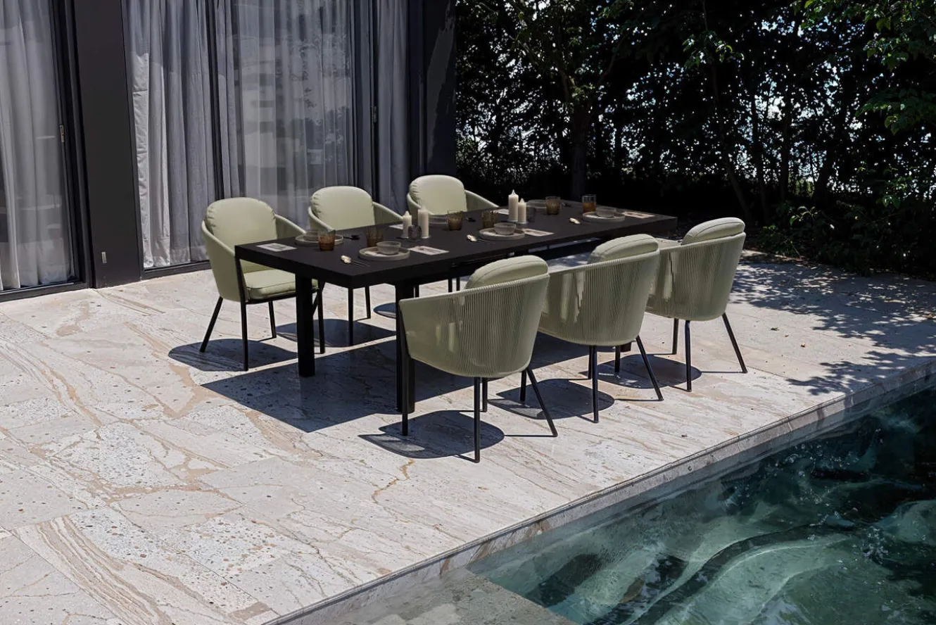 OUTFLEXX Tavio Garten-Essgruppe, anthrazit matt/grün, Alu/Rope-Geflecht, ausziehbare Tischplatte 180/240 x 100 cm, 6 Diningsessel