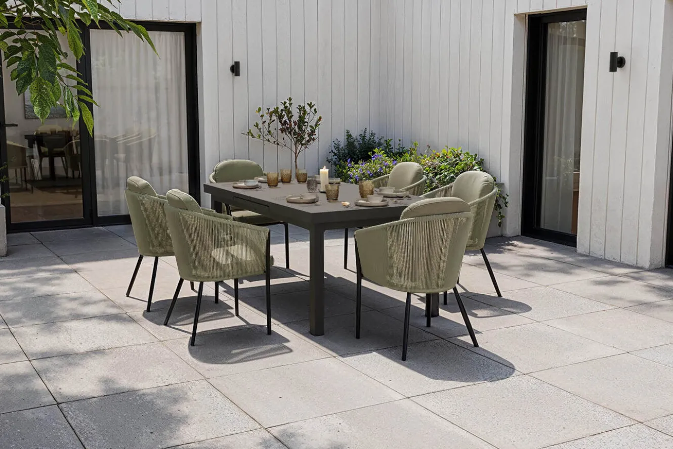 OUTFLEXX Tavio Garten-Essgruppe, anthrazit matt/grün, Alu/Rope-Geflecht, ausziehbare Tischplatte 180/240 x 100 cm, 6 Diningsessel