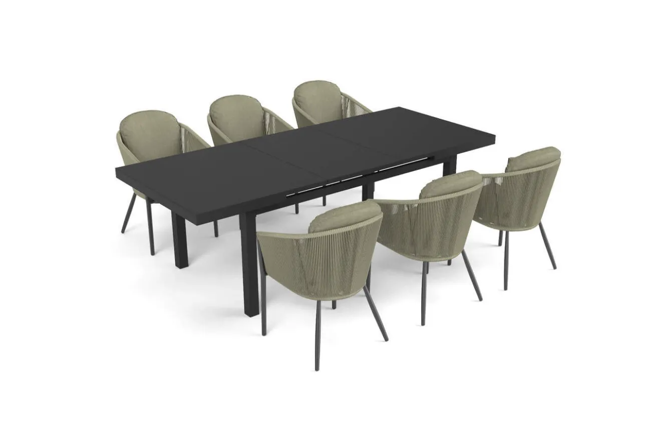 OUTFLEXX Tavio Garten-Essgruppe, anthrazit matt/grün, Alu/Rope-Geflecht, ausziehbare Tischplatte 180/240 x 100 cm, 6 Diningsessel