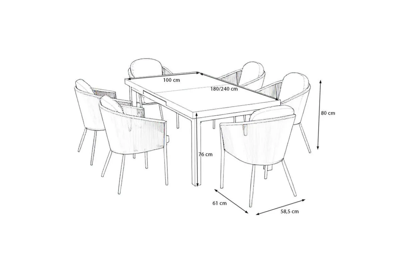 OUTFLEXX Tavio Garten-Essgruppe, anthrazit matt/grün, Alu/Rope-Geflecht, ausziehbare Tischplatte 180/240 x 100 cm, 6 Diningsessel