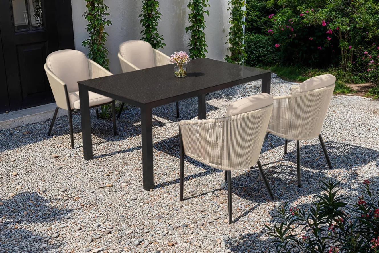 OUTFLEXX Tavio Garten-Essgruppe, anthrazit matt/beige, Alu/Rope/Spraystone, 160 x 95 cm, 4 Diningsessel
