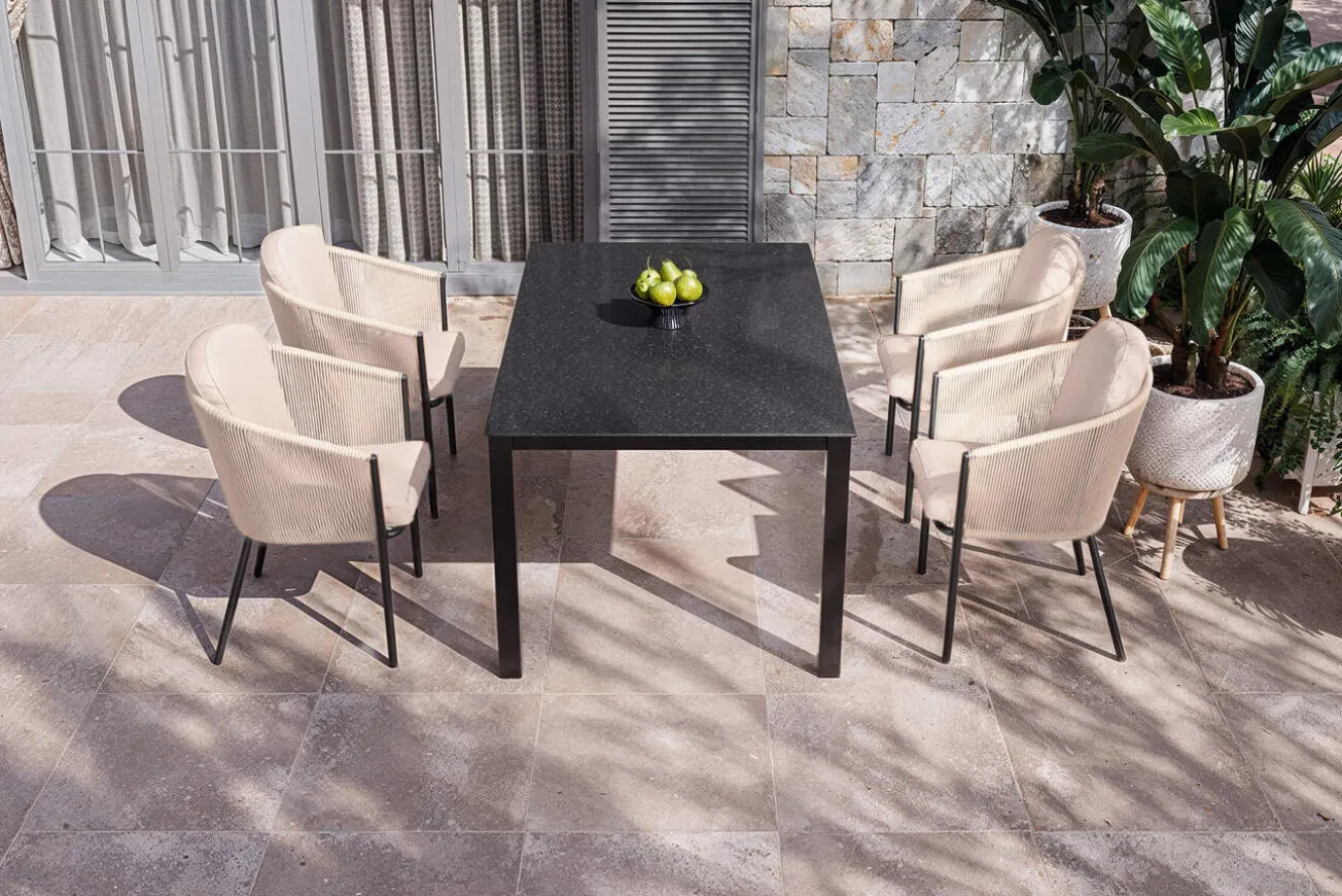 OUTFLEXX Tavio Garten-Essgruppe, anthrazit matt/beige, Alu/Rope/Spraystone, 160 x 95 cm, 4 Diningsessel