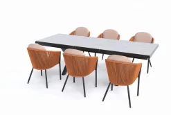 OUTFLEXX Tavio Garten-Essgruppe, schwarz/orange, Alu/Rope-Geflecht, Tisch 200/260 x 100 cm, 6 Diningsessel, ausziehbar