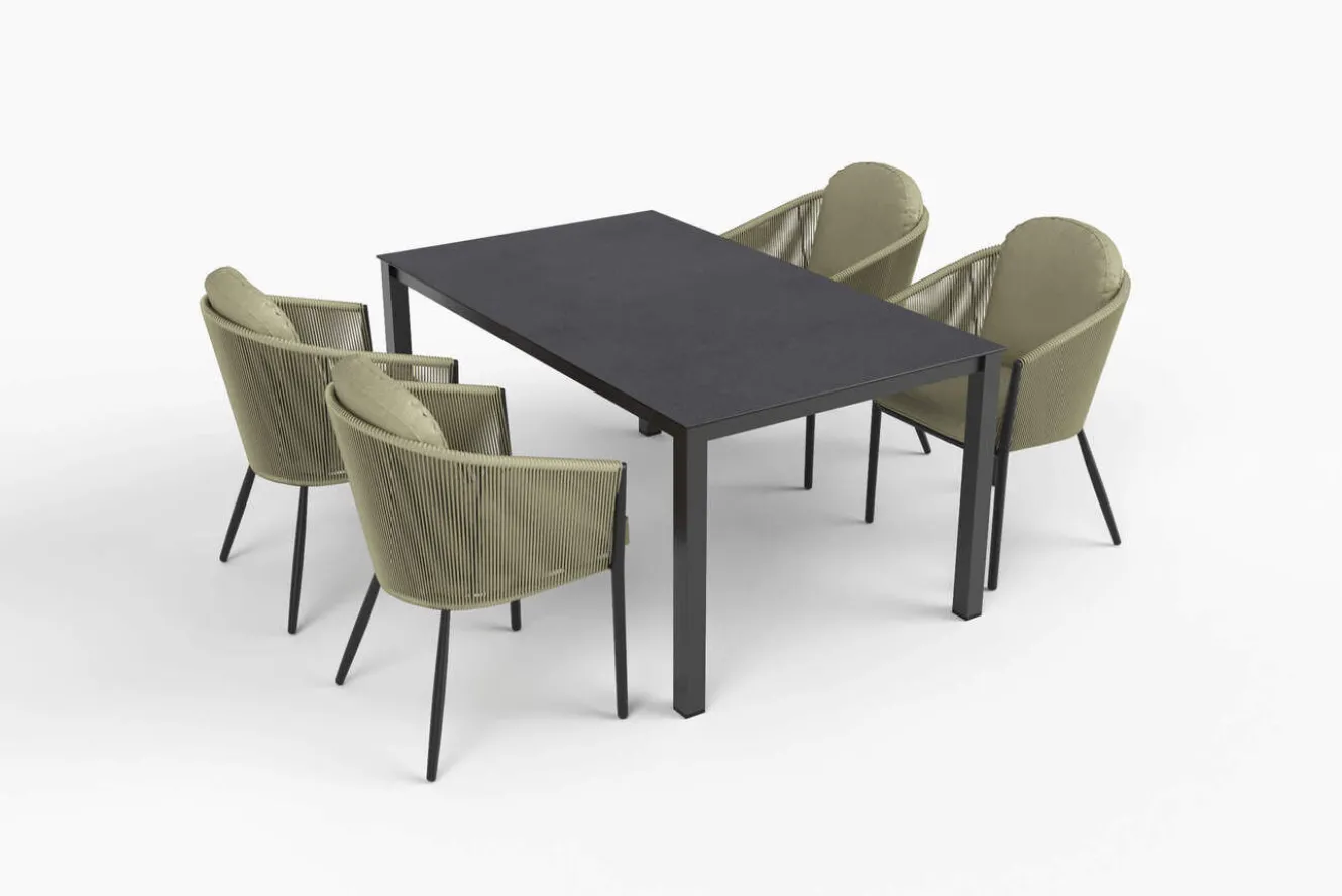 OUTFLEXX Tavio Garten-Essgruppe, anthrazit matt/grün, Alu/Rope-Geflecht/Spraystone, 160 x 95 x cm, 4 Diningsessel