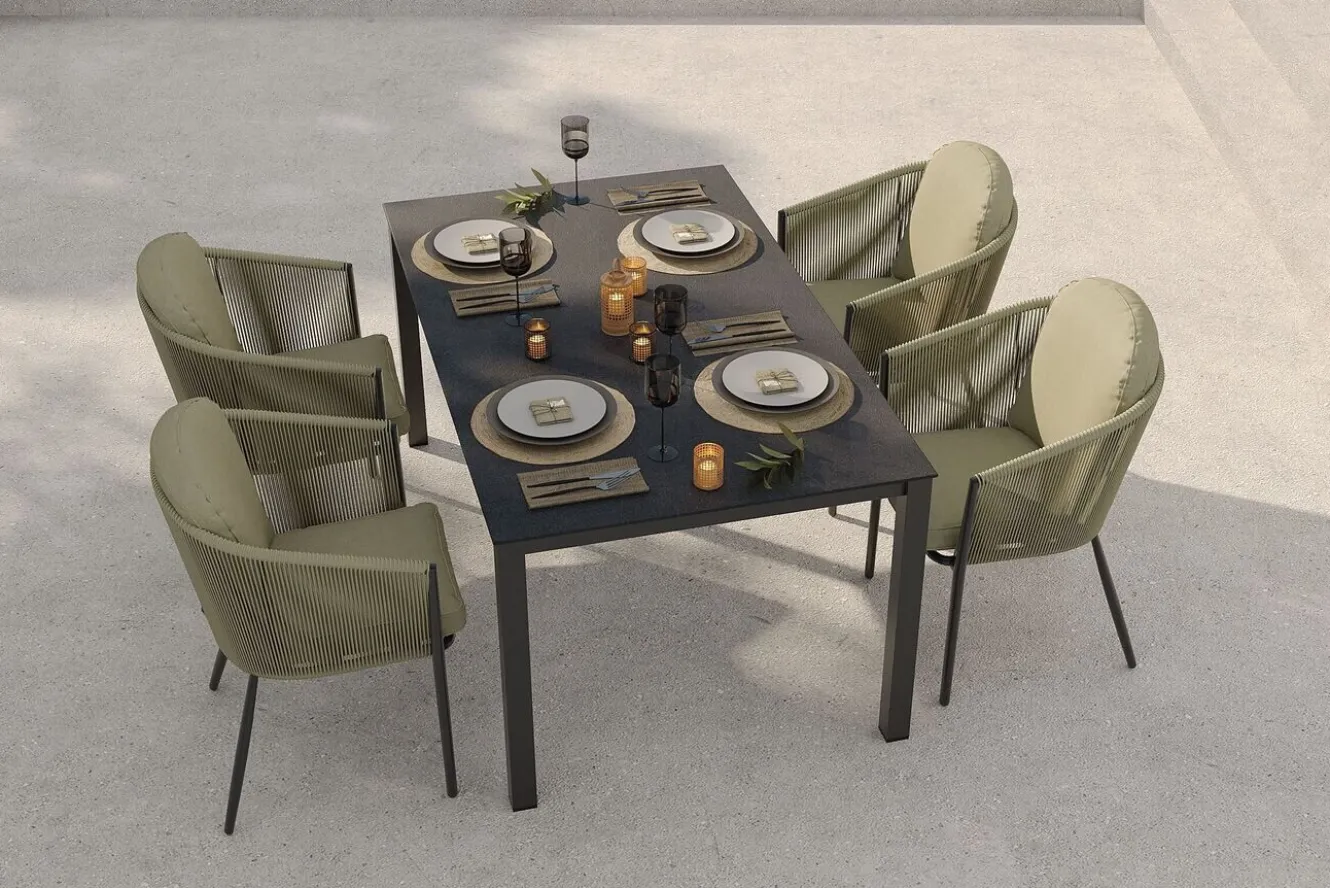 OUTFLEXX Tavio Garten-Essgruppe, anthrazit matt/grün, Alu/Rope-Geflecht/Spraystone, 160 x 95 x cm, 4 Diningsessel