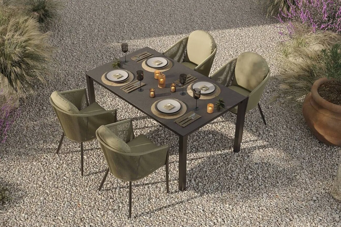 OUTFLEXX Tavio Garten-Essgruppe, anthrazit matt/grün, Alu/Rope-Geflecht/Spraystone, 160 x 95 x cm, 4 Diningsessel