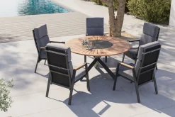 OUTFLEXX Trondheim Garten-Essgruppe, anthrazit, Aluminium/Teak/Polyester, Ø150 x 75,5 cm, pulverbeschichtet, witterungsbeständig, Polster inklusive