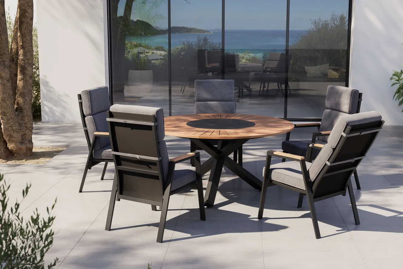 OUTFLEXX Trondheim Garten-Essgruppe, anthrazit, Aluminium/Teak/Polyester, Ø150 x 75,5 cm, pulverbeschichtet, witterungsbeständig, Polster inklusive