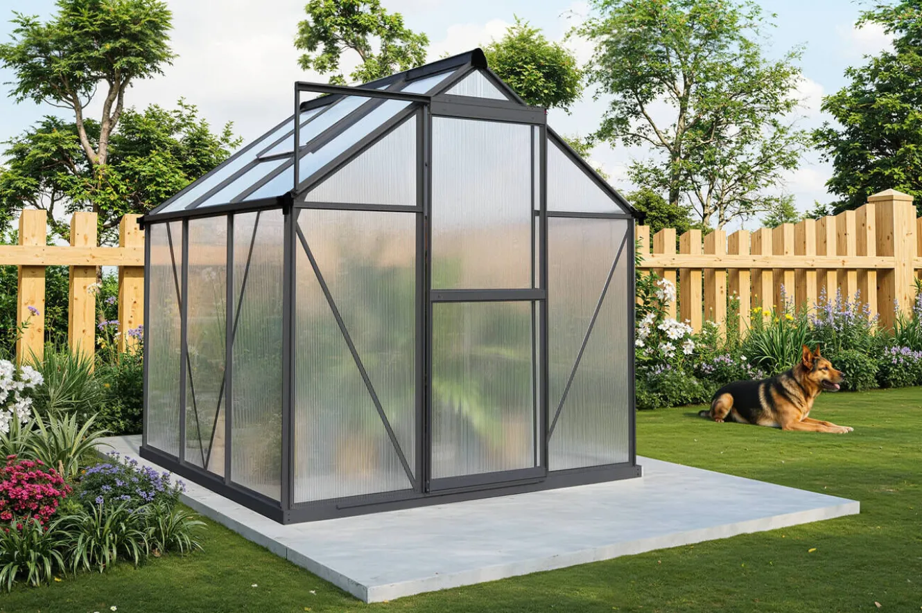 OUTFLEXX Verde Basic Gewächshaus, schwarzer Rahmen, Aluminium pulverbeschichtet mit Polycarbonat-Doppelstegplatten 4 mm, 187 x 183 x 190 cm, UV-geschützt und wetterfest