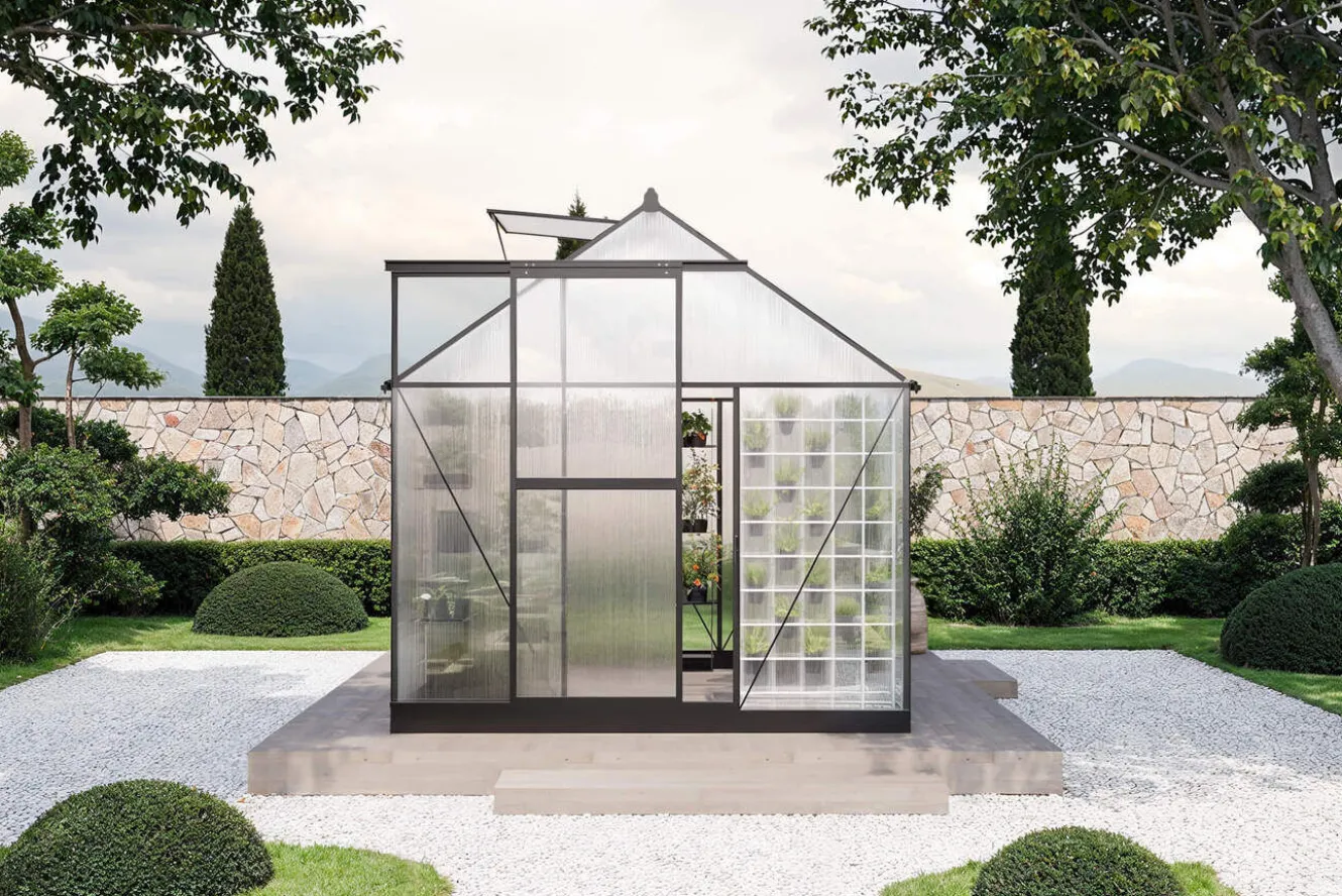 OUTFLEXX Verde Basic Gewächshaus, schwarzer Rahmen, Aluminium pulverbeschichtet mit Polycarbonat-Doppelstegplatten 4 mm, 187 x 183 x 190 cm, UV-geschützt und wetterfest