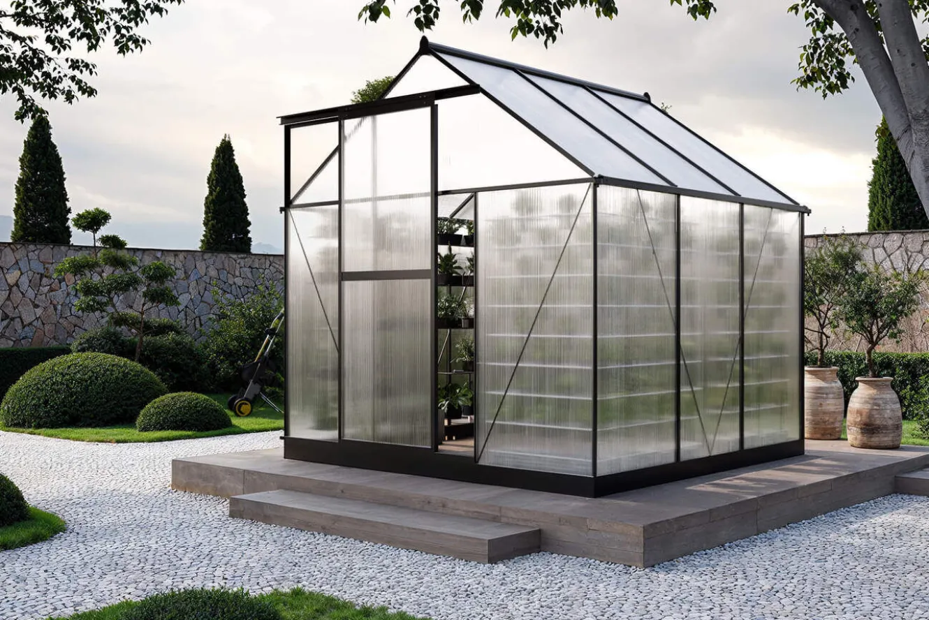 OUTFLEXX Verde Basic Gewächshaus, schwarzer Rahmen, Aluminium pulverbeschichtet mit Polycarbonat-Doppelstegplatten 4 mm, 187 x 183 x 190 cm, UV-geschützt und wetterfest