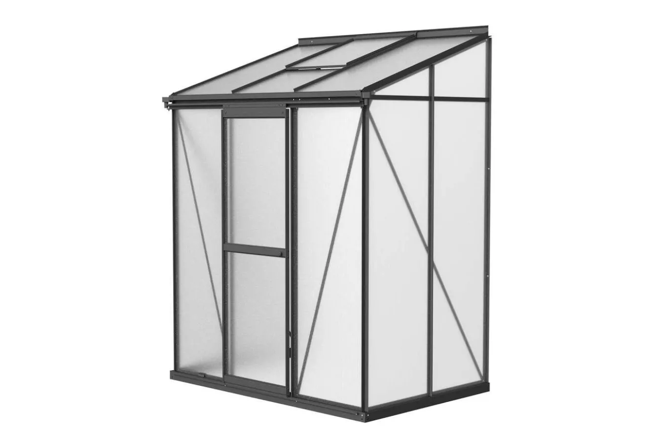 OUTFLEXX Verde Comfort Anlehn-Gewächshaus, schwarzer Rahmen, Aluminium/Polycarbonat, 160 x 105 x 190 cm, UV-beständig, pulverbeschichtet, mit Schiebetür