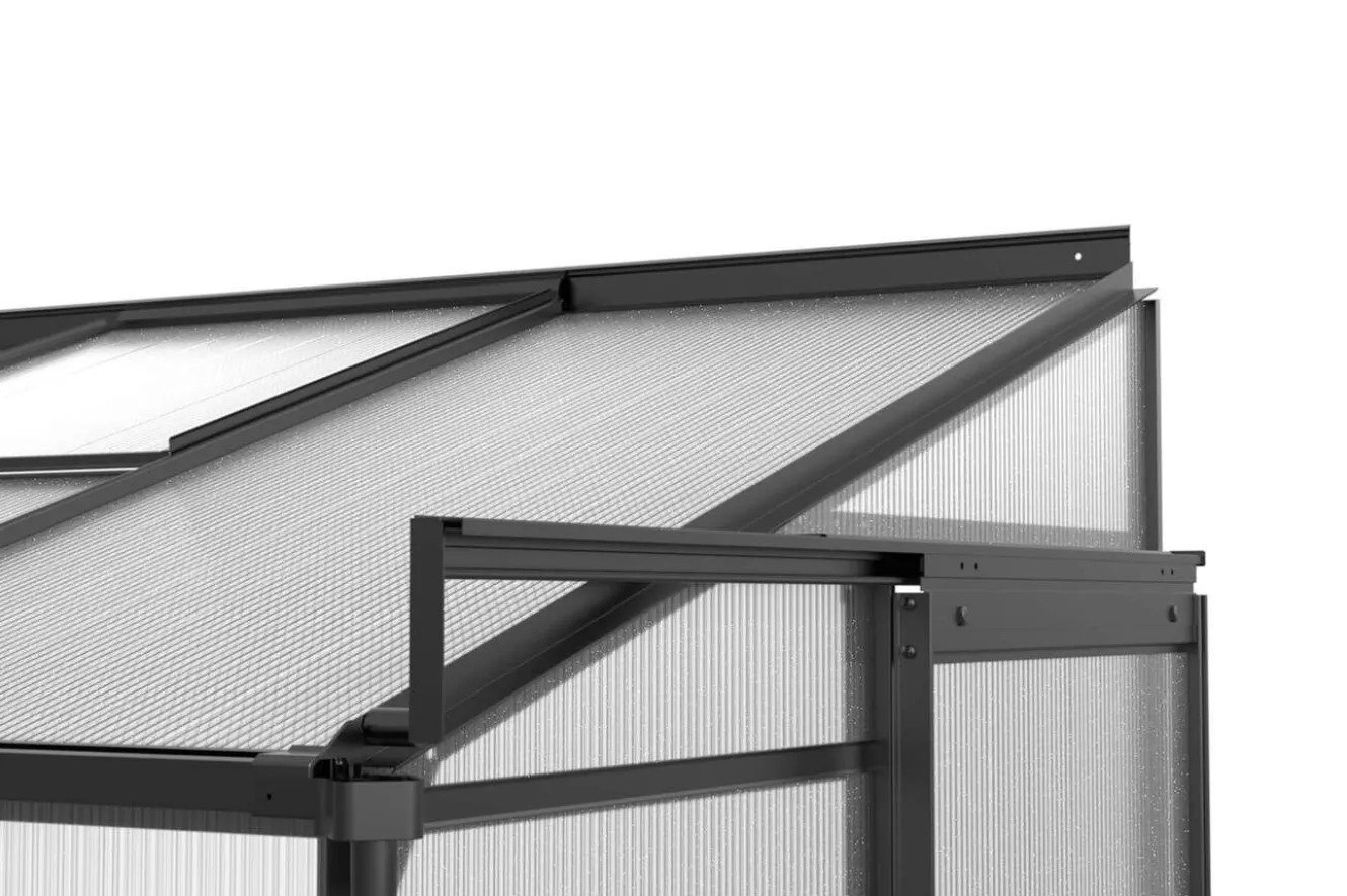 OUTFLEXX Verde Comfort Anlehn-Gewächshaus, schwarzer Rahmen, Aluminium pulverbeschichtet mit 4 mm Polycarbonatplatten, 192 x 125 x 210 cm, UV-beständig, mit Schiebetür und Belüftungsfenster