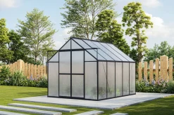 OUTFLEXX Verde Premium Gewächshaus, schwarzer Rahmen, Aluminium/Polycarbonat, 310 x 244 x 230 cm, pulverbeschichtet, UV-geschützt, mit Schiebetür und 2 Fenstern