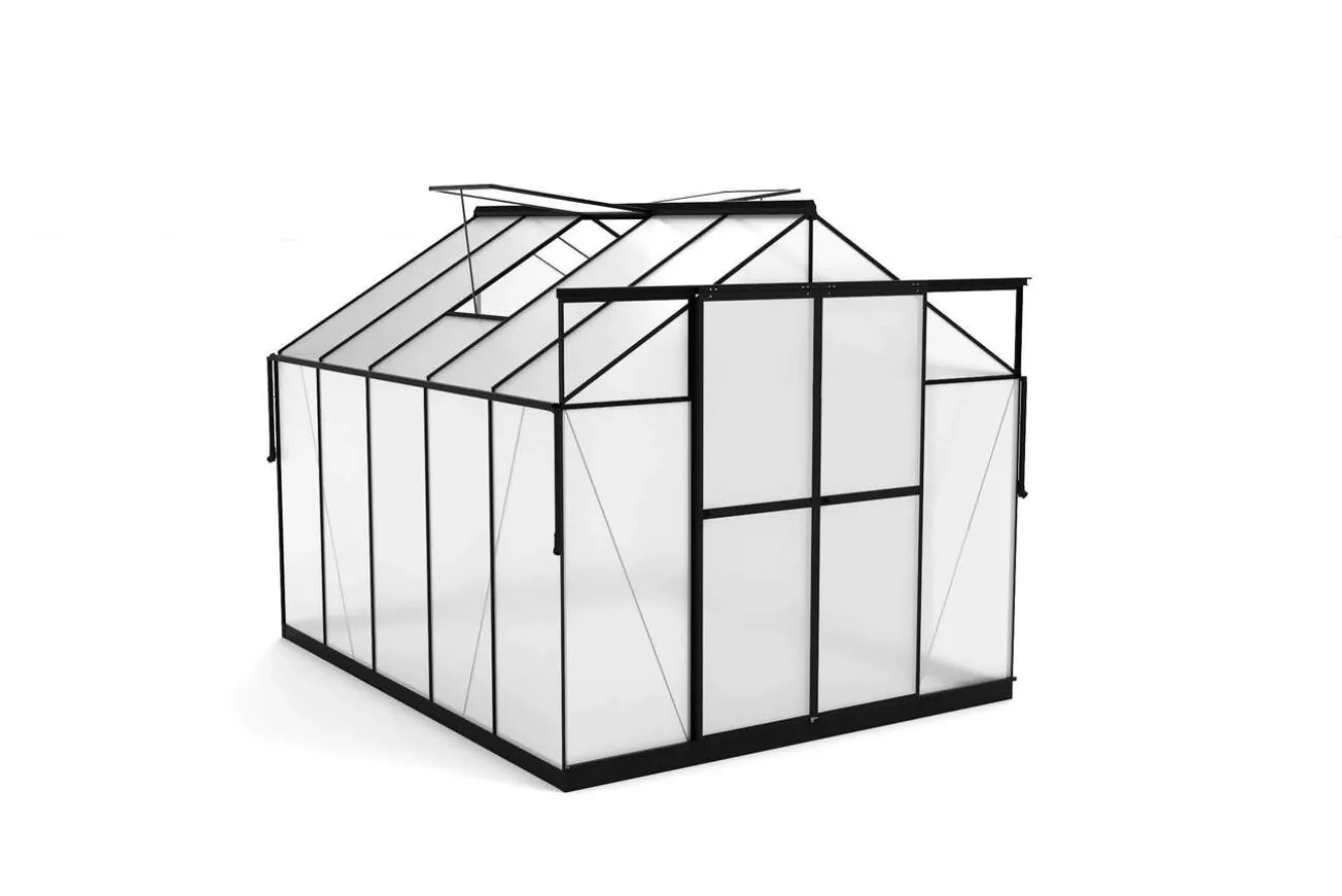 OUTFLEXX Verde Premium Gewächshaus, schwarzer Rahmen, Aluminium/Polycarbonat, 310 x 244 x 230 cm, pulverbeschichtet, UV-geschützt, mit Schiebetür und 2 Fenstern