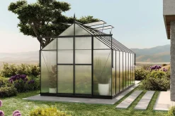 OUTFLEXX Verde Premium Gewächshaus, schwarzer Rahmen, Aluminium pulverbeschichtet mit Polycarbonat 6 mm und Stahlrahmen, 486 x 243 x 240 cm, 4 Fenster, Schiebetür