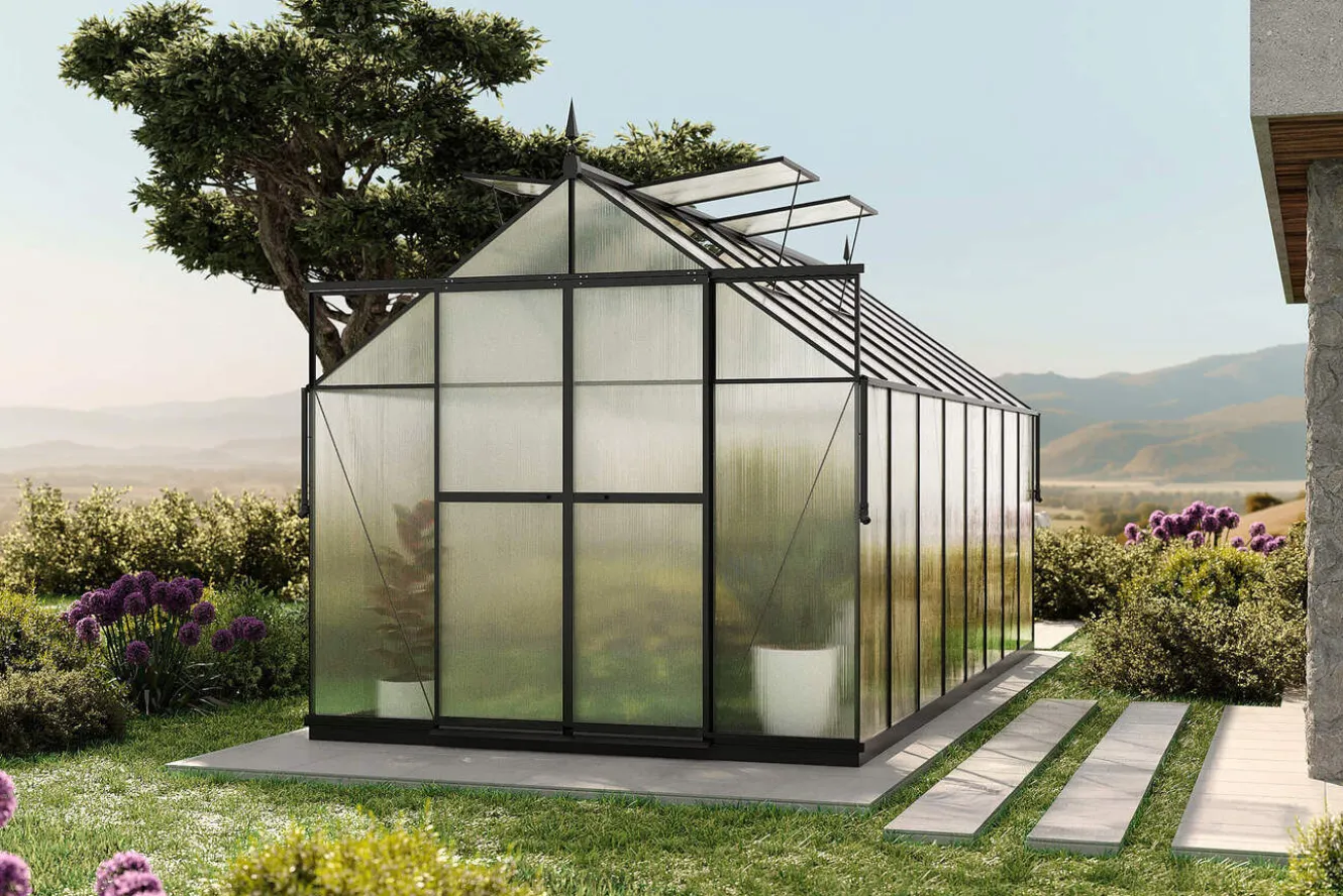 OUTFLEXX Verde Premium Gewächshaus, schwarzer Rahmen, Aluminium pulverbeschichtet mit Polycarbonat 6 mm und Stahlrahmen, 486 x 243 x 240 cm, 4 Fenster, Schiebetür