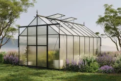 OUTFLEXX Verde Premium Gewächshaus, schwarzer Rahmen, Aluminium pulverbeschichtet mit Polycarbonat 6 mm und Stahlrahmen, 486 x 243 x 240 cm, 4 Fenster, Schiebetür