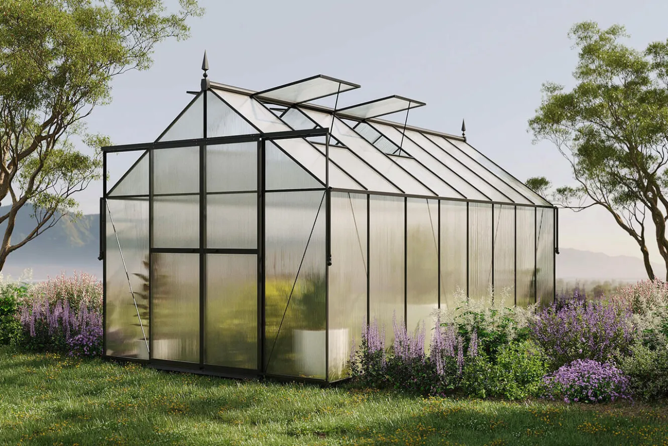 OUTFLEXX Verde Premium Gewächshaus, schwarzer Rahmen, Aluminium pulverbeschichtet mit Polycarbonat 6 mm und Stahlrahmen, 486 x 243 x 240 cm, 4 Fenster, Schiebetür