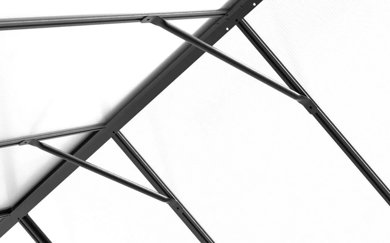OUTFLEXX Verde Premium Gewächshaus, schwarzer Rahmen, Aluminium pulverbeschichtet mit Polycarbonat 6 mm und Stahlrahmen, 486 x 243 x 240 cm, 4 Fenster, Schiebetür