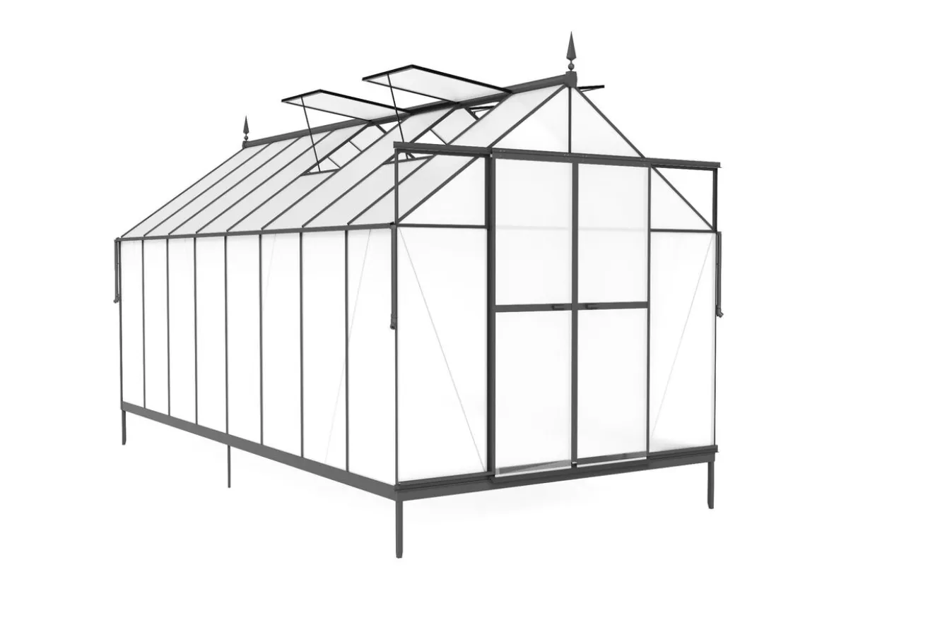 OUTFLEXX Verde Premium Gewächshaus, schwarzer Rahmen, Aluminium pulverbeschichtet mit Polycarbonat 6 mm und Stahlrahmen, 486 x 243 x 240 cm, 4 Fenster, Schiebetür