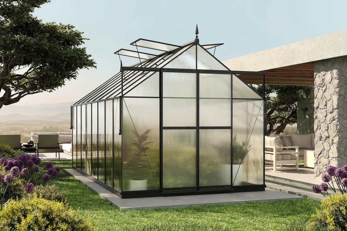 OUTFLEXX Verde Premium Gewächshaus, schwarzer Rahmen, Aluminium pulverbeschichtet mit Polycarbonat 6 mm und Stahlrahmen, 486 x 243 x 240 cm, 4 Fenster, Schiebetür