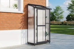 OUTFLEXX Verde Smart Balkon-Gewächshaus, schwarzer Rahmen, Aluminium/Polycarbonat, 91 x 51 x 166 cm, UV-beständig, pulverbeschichtet, mit Tür und Regalböden