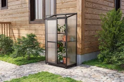 OUTFLEXX Verde Smart Balkon-Gewächshaus, schwarzer Rahmen, Aluminium/Polycarbonat, 91 x 51 x 166 cm, UV-beständig, pulverbeschichtet, mit Tür und Regalböden